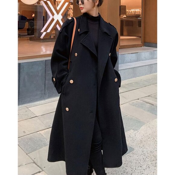 Women's Black Winter Double Breasted Midi Wool Coat Notch Lapel Winter Trench - Picture 4 of 5